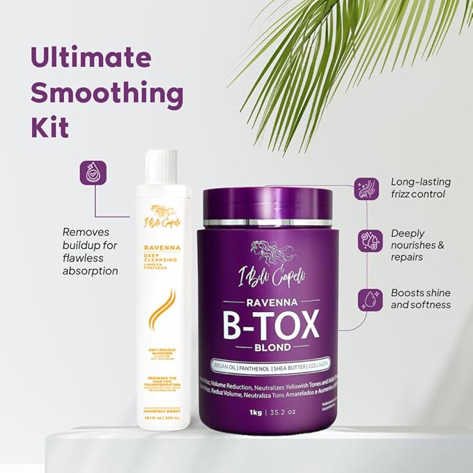 Ravenna Blond B-tox Hair Treatment Kit - 1kg/35.02 oz Hair B-tox + 300ml/10.1 fl.oz Anti-Residue Clarifying Shampoo for Longer Effect