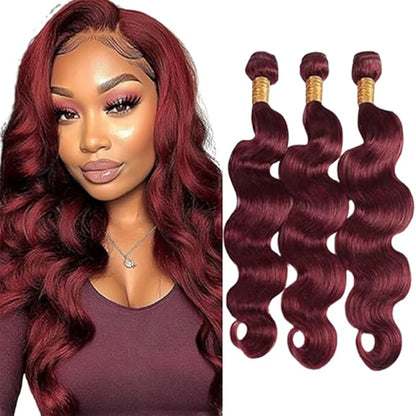 Color 99j Body Wave Bundles Wine Red Human Hair Burgundy Bundles Brazilian Weave Wet and Wavy Soft Silky for Woman 8 10 12 Inch