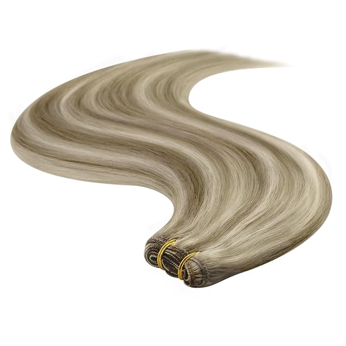 YoungSee Weft Human Hair Extensions Blonde Highlight Sew in Hair Extensions Human Hair Light Brown with Blonde Highlight Sew in Weft Hair Extensions Human Hair Can Be Ironed and Dyed 22Inch 100G