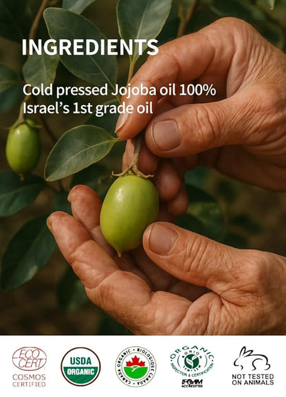 Organic jojoba Oil 100ml (3.38 fl.oz) 100% Pure Organic Natural Golden Oil, Cold Pressed Virgin, Vitamin E Oil, Moisturizer for Skin, face, Body, Hair, Nail, Israel Origin