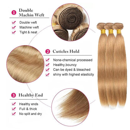 #27 Honey Blonde Bundles Human Hair Straight Bundles 24 26 28 Inch Unprocessed Brazilian Virgin Hair Weave 3 Bundle Blonde Human Hair Extensions 50 Grams Per Bundle