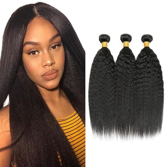#1B Human Hair Bundles Yaki Straight Bundles 24 26 28 Inch Unprocessed Brazilian Virgin Hair Weave 3 Bundle Natural Color 50 Grams Per Bundle Kinky Straight Human Hair Extensions