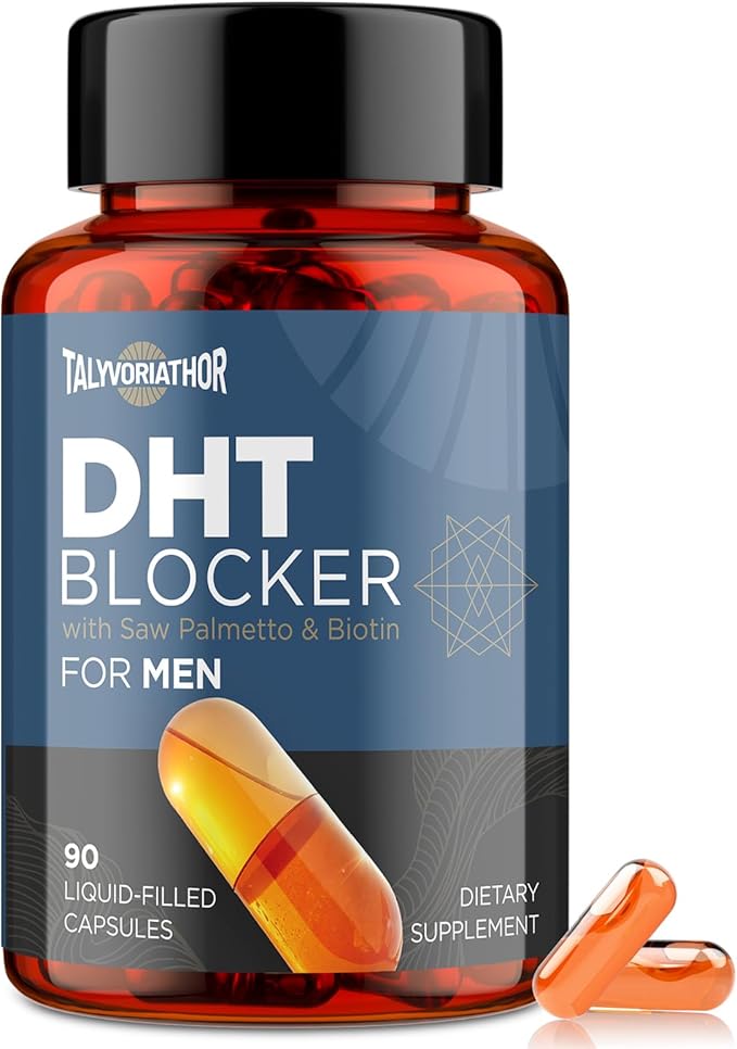 DHT Blocker for Men with Saw Palmetto & Biotin, Hair Growth Formula in Liquid-Filled Capsules, Hair Loss Supplements, Hair Regrowth Vitamins, Proprietary Herbal Blends - 90 Capsules(1 Bottle)
