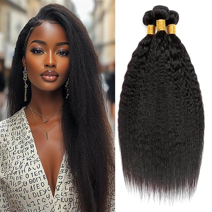 #1B Yaki Human Hair Bundles Natural Color Kinky Straight Bundles Brazilian Human Hair Extensions Soft and Silky for Women Kinky Straight 20 22 24 Inch