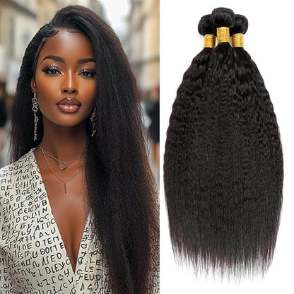 #1B Yaki Human Hair Bundles Natural Color Kinky Straight Bundles Brazilian Human Hair Extensions Soft and Silky for Women Kinky Straight 20 22 24 Inch