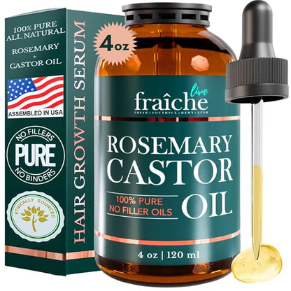 Live Fraiche Rosemary Castor Oil for Hair Growth 4 Ounce - Cold Pressed Castor Oil and Rosemary Oil for Damaged Hair to Reduce Hair Loss
