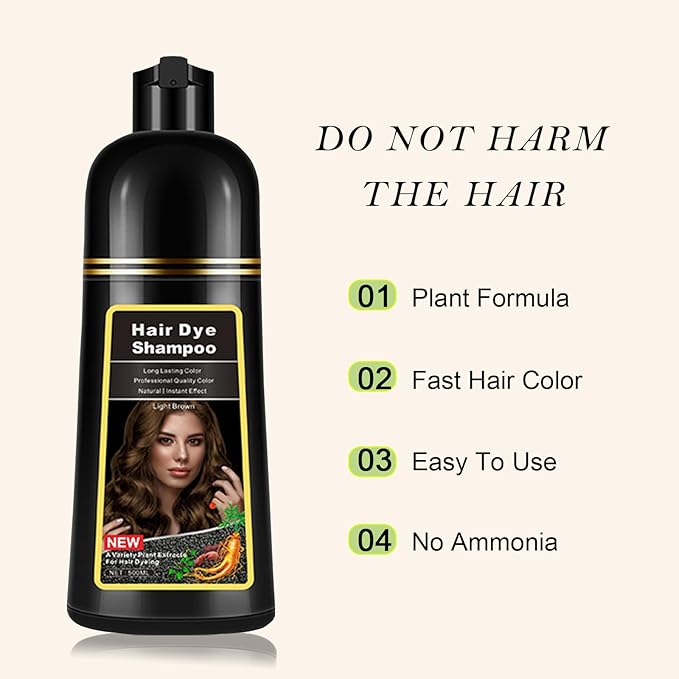 Instant Light Brown Hair Dye Shampoo 3 in 1, Herbal Coffee Hair Color Shampoo For Men Women, Long lasting & Easy to Apply Light Brown Hair Dye 17.6 Fl Oz