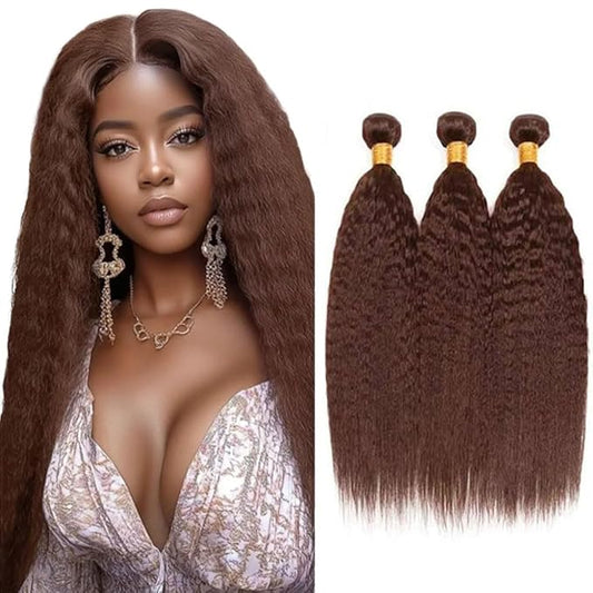 Color 4 Human Hair Bundles Brown Yaki Straight Bundle Mixed Length 3 Bundles 22 24 26 Inch Niegmeag Brazilian Virgin Soft and Sikly Remy Hair Extensions