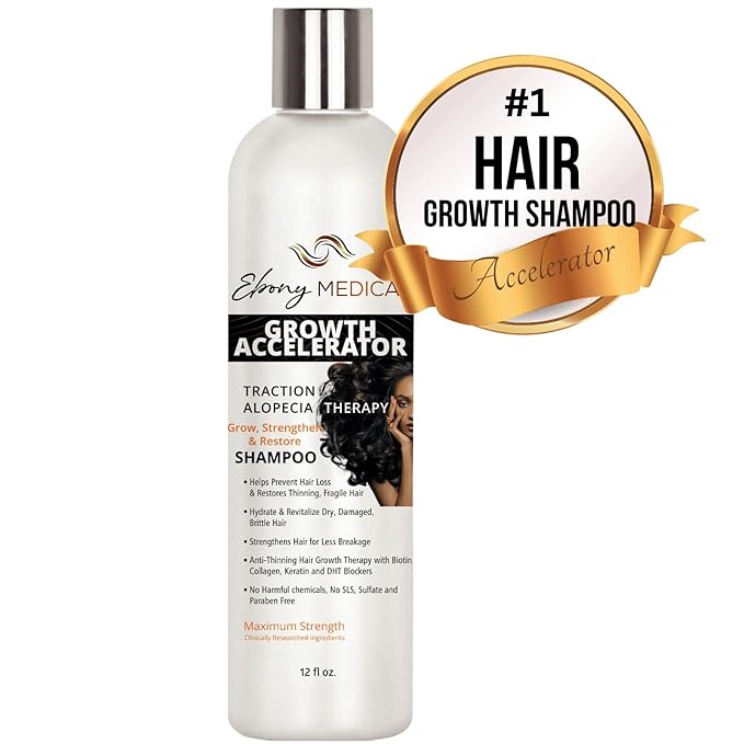 Ebony Medical Alopecia Areata Treatment Shampoo – Hair Loss & Thinning Hair Support – Stimulates Hair Growth & Scalp Health – Receding Hairline & Bald Spot Solution – 12 fl oz – Natural & Vegan