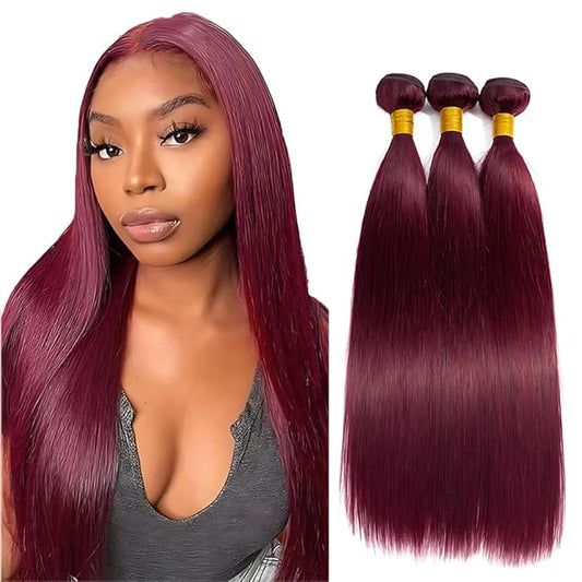 Wine Red Burgundy Straight Bundles Color 99j Burgundy Human Hair Straight Bundles 12 14 16 Inch Double Weft Brazilian Hair Extensions Soft and Silky for Women