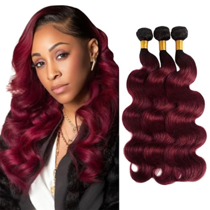 1B99j Ombre Body Wave Bundles Two Tone Black and Burgundy Body Wave Bundles Brazilian Human Hair Weave Soft and Silky for Women 14 16 18 Inch