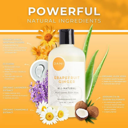 Naturals Moisturizing Body Wash - Grapefruit Ginger Scent, Organic Aloe Vera & Glycerin, Sulfate-Free, Vegan, pH-Balanced, 12 oz - Refreshing, Moisturizing Shower Gel for Soft Skin