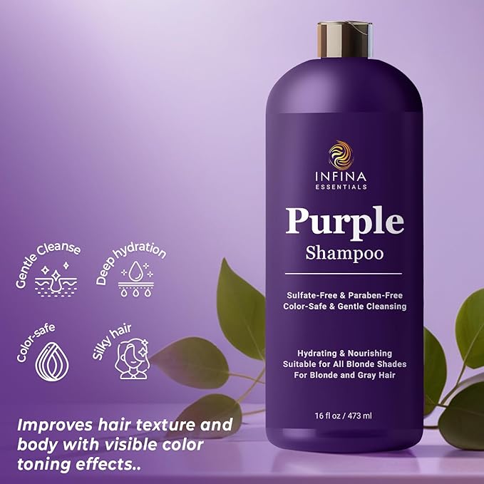 Purple Shampoo for Blondes, Gray, Brassy & Color Treated Hair, Sulfate Free, Enriched with Green Tea & Chamomile & Avocado Oil - Nourishing & Hydrating Blonde Shampoo - 16 fl oz