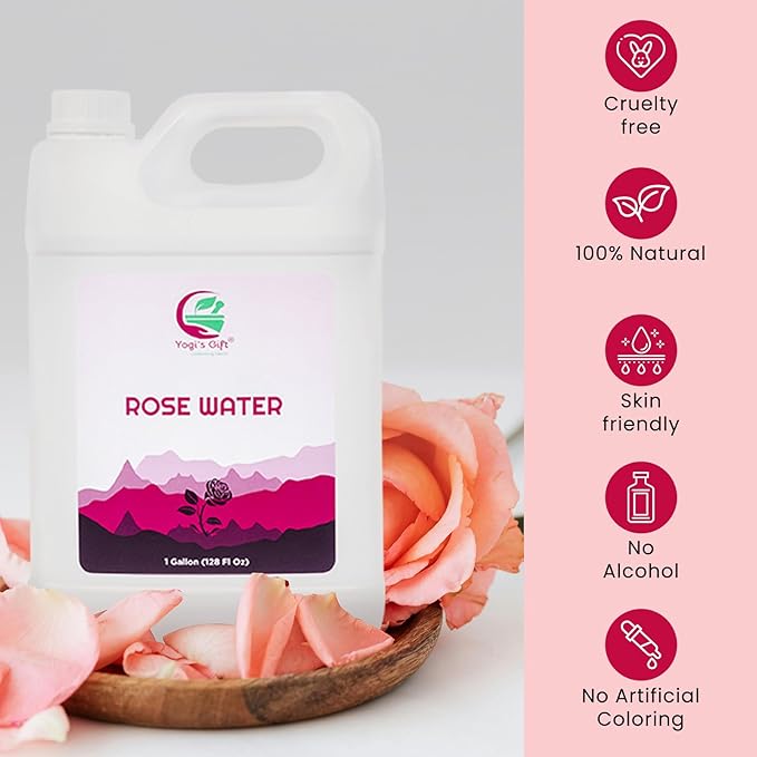 100% Pure Rose Water 1 Gallon (128 fl oz) | for Face & Hair | Alcohol Free & Artificial Coloring Free | by Yogi's Gift®