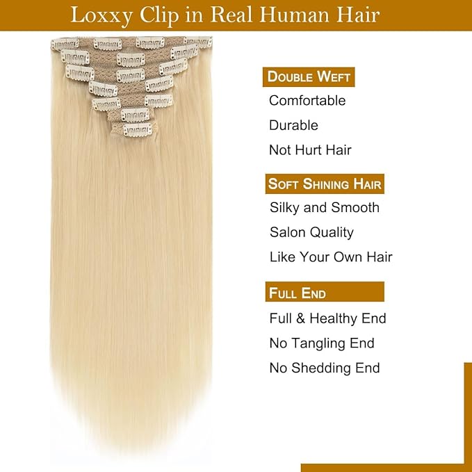 Loxxy 14 Inch Platinum Blonde Hair Extensions Clip in Human Hair 9A Grade Brazilian Human Hair Extension #60A Big Thick Silky Straight Clip in Human Hair For Women 120g 7 Pieces 16 clips