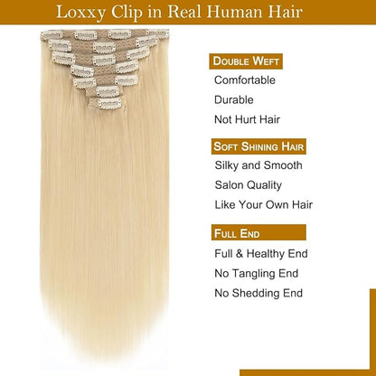 Loxxy 14 Inch Platinum Blonde Hair Extensions Clip in Human Hair 9A Grade Brazilian Human Hair Extension #60A Big Thick Silky Straight Clip in Human Hair For Women 120g 7 Pieces 16 clips
