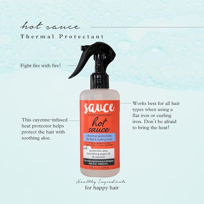 SAUCE BEAUTY Hair Heat Protectant Spray (8 Fl Oz) Hot Sauce Thermal Protectant Spray with Argan Oil, Aloe & Cayenne, Anti Frizz & Adds Shine, Blow Dry & Flat Iron Hair Spray for All Hair Types