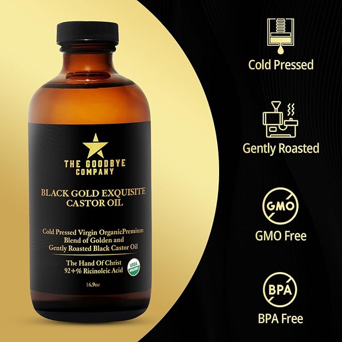 The Goodbye Company Black & Gold Castor Oil Blend – USDA Organic, Cold-Pressed & Unrefined – Pure Hexane-Free Oil for Hair, Skin, Body, Eyelashes & Eyebrows