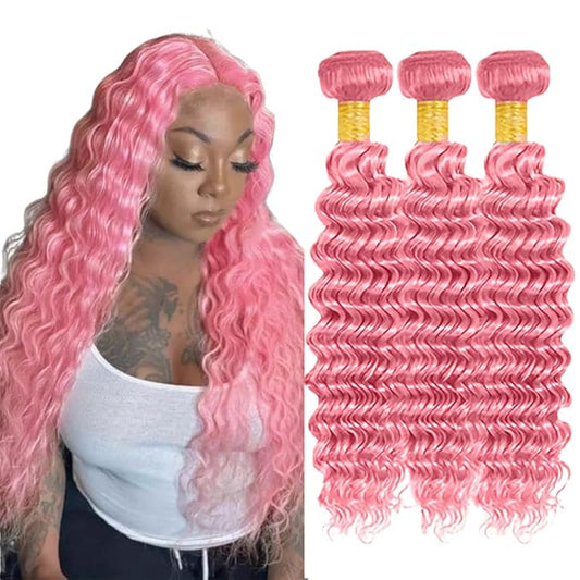 Pink Deep Wave Bundles Human Hair Light Pink Bundle Niegmeag Virgin Soft and Skily Remy Hair 3 Bundles 14 16 18 Inch Double Weft Hair Weave