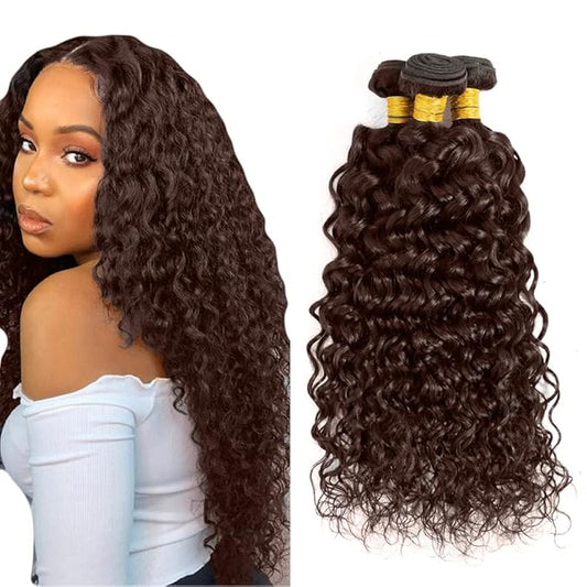 #4 Brown Bundles Human Hair Water Wave Bundles 16 16 16 Inch Human Hair Weave 3 Bundle Unprocessed Brazilian Virgin Hair Chocolate Brown Deep Curly Human Hair Extensions 50 Grams/Bundle