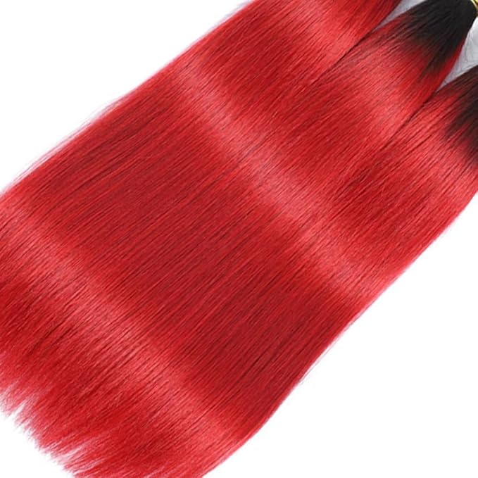 1B/Red Straight Human Hair Bundles 22 24 26 inch Double Weft Brazilian Virgin Remy Hair Extensions Two Tone Black Roots To Red Human Hair Bundles Soft and Silky For Women