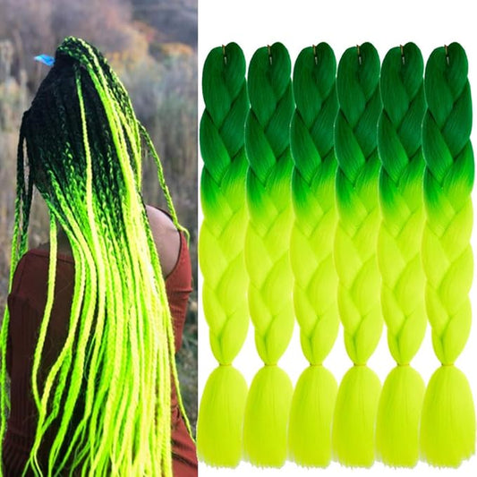 6 Packs Ombre Jumbo Braiding Hair Extensions 24 Inch High Temperature Synthetic Fiber Hair Extensions for Box Braids Braiding Hair (Deep Green to Yellow Green)