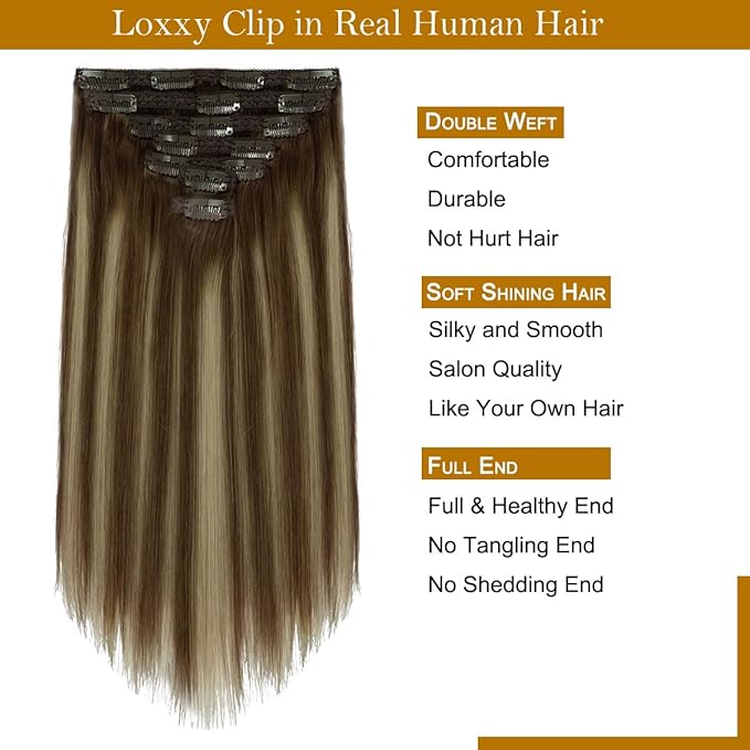 Loxxy Human Hair Extensions Clip ins Real Hair Clip in Extensions 18inch 120gram Thick Hair Extensions Omber Brown 4 to Highlights Caramel Blonde 26 Clip Extensions Human Hair Dark Roots