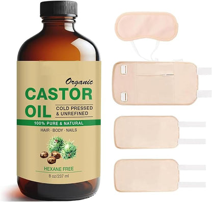 Castor Oil Organic Cold Pressed Unrefined Glass Bottle 8oz, Reusable Castor Oil Pack Wrap 4 Pack, Organic Cotton for Waist Breast Neck