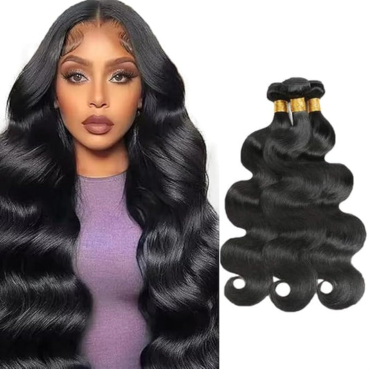 Bundles Human Hair Natural Black Body Wave Bundle Niegmeag Virgin Soft and Silky Remy Hair 3 Bundles 14 16 18 Inch Double Weft Color 1B Body Wave Bundle Hair Weave