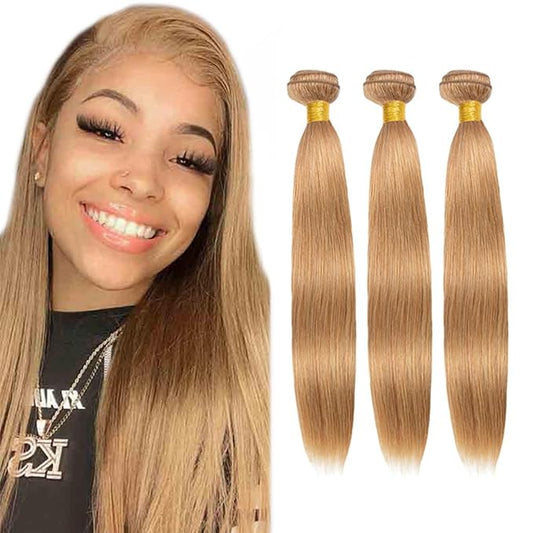 #27 Honey Blonde Bundles Human Hair Straight Bundles 26 28 30 Inch Unprocessed Brazilian Virgin Hair Weave 3 Bundle Blonde Human Hair Extensions 50 Grams Per Bundle
