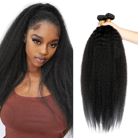 Kinky Straight Human Hair Bundles Natural Black Yaki Straight Bundles Hair Extensions 24 26 28 Inch Grade 8A Brazilian Virgin Remy Hair 3 Bundles Double Weft Real Color 1B Hair Weave