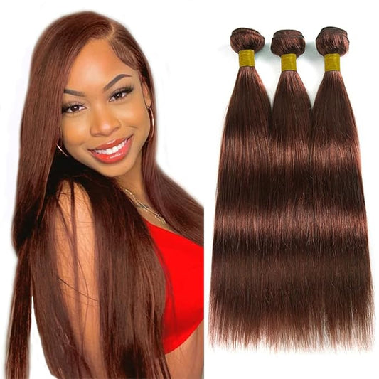 Auburn Bundles Human Hair 33 Brown Straight Bundle Reddish Brown Bundles 12 14 16 Inch Unprocessed Brazilian Virgin Remy Hair Extensions Silky Soft Bundle Hair Weave