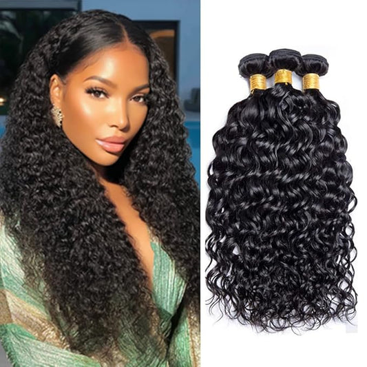 Water Wave Bundles Natural Black 10 12 14 Inch Brazilian Water Wave Bundles Human Hair Soft and Silky for Women