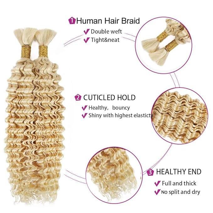 #613 Blonde Human Braiding Hair Deep Wave Bulk 24 24 24 Inch Human Hair Weave 3 Bundle Unprocessed Brazilian Virgin Hair Honey Blonde Deep Curly Braiding Hair Extensions 50 Grams/Bundle
