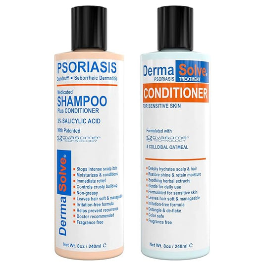 DermaSolve Scalp Psoriasis & Dandruff free Medicated Shampoo with Conditioner, Ultimate Seborrheic Dermatitis Treatment for Itchy, Flakey Scalp, Soothing & Moisturizing Relief