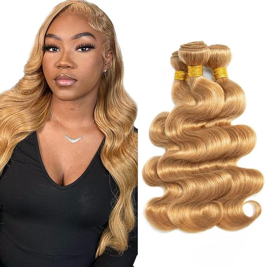 #27 Blonde Bundles Human Hair Body Wave Bundles 16 18 20 Inch Unprocessed Brazilian Virgin Hair Weave 3 Bundles 50 Grams Per Bundle Honey Blonde Human Hair Extensions