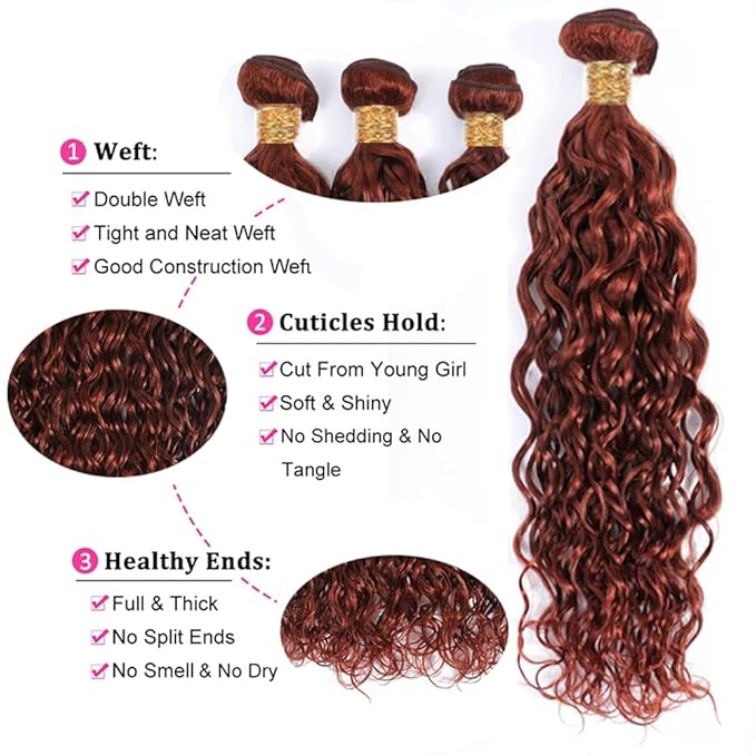 28 30 32 Inch Auburn Water Wave Bundles Human Hair Color 33 Bundles Huxowax Virgin Soft And Silky Remy Hair Extensions Double Weft Copper Red Bundle Hair Wave