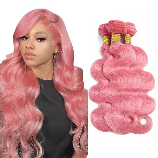 28 30 32 Inch Light Pink Human Hair Bundles Pink Body Wave Bundles Niegmeag Virgin Soft and Skily Remy Hair Extensions Double Weft Light Rose Bundle