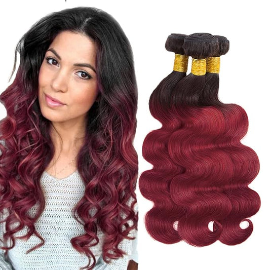 Ombre Body Wave Bundles 1B99J Human Hair Bundles 16 18 20 Inch 2 Tone Black and Burgundy Body Wave Hair Weave Peruvian Grade 8A Virgin Hair Extensions For Woman