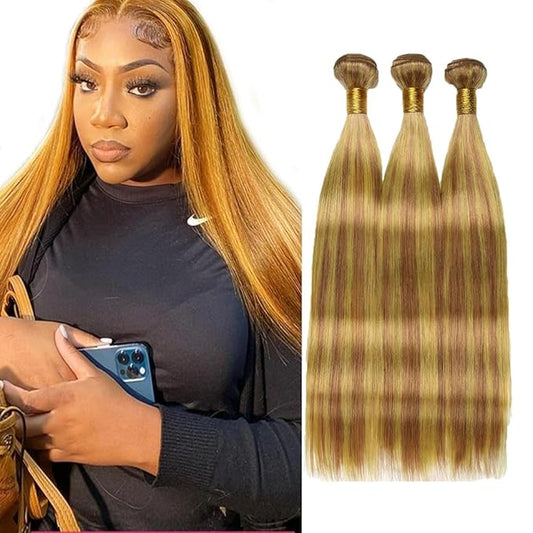 P27/30 Bundles Honey Blonde Human Hair Highlight Straight Bundles Human Hair 28 30 32 Inch Two Tone Honey Blonde Mixed with Light Brown Human Hair Bundles Silky Soft Remy Hair Extensions