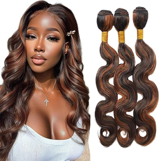 Ombre Human Hair P1B30 Highlight Body Wave Bundles Two Tone Black Mixed With Brown Brazilian Hair Extensions Soft and Silky for Women 24 24 24 Inch