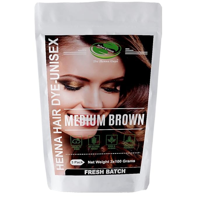 Henna Hair & Beard Dye - 100% Natural & Chemical Free - The Henna Guys (3 Pack, Medium Brown)