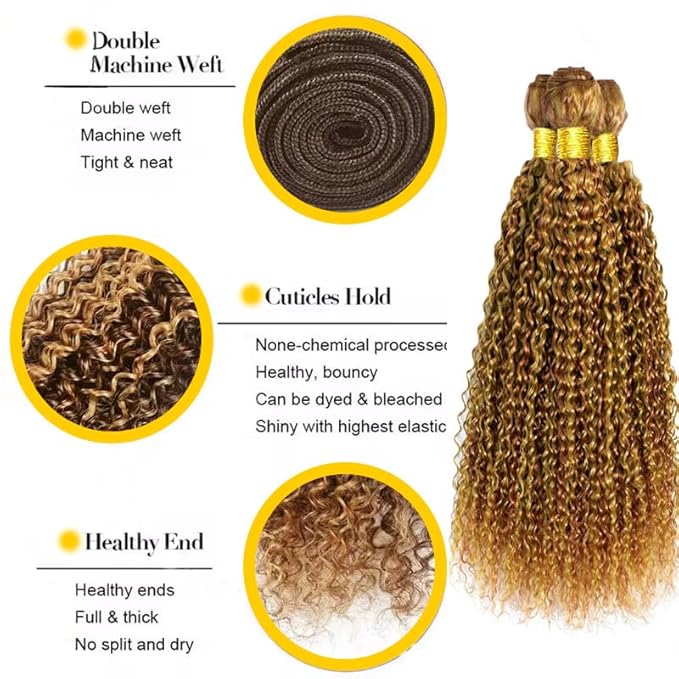 P2730 Curly Wave Bundles: Human Hair Honey Blonde, 16 Inch Unprocessed, Silky Soft Remy Hair Extensions