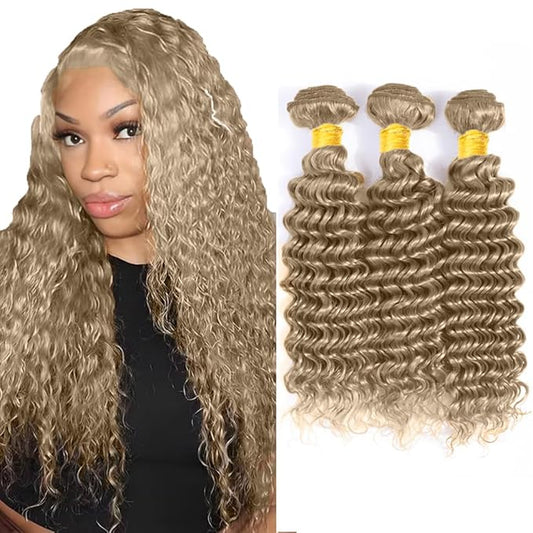 #22 Blonde Bundles Human Hair Deep Wave Bundles 22 24 26 Inch Human Hair Weave 3 Bundle Unprocessed Brazilian Virgin Hair Ash Blonde Deep Wave Human Hair Extensions 50 Grams/Bundle