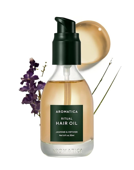 AROMATICA Ritual Jasmine & Vetiver Hair Oil - Nourishing Silicone-Free Oil for Damaged Frizzy Blow out Hair with Pure Fragrance (1.6 fl. oz)