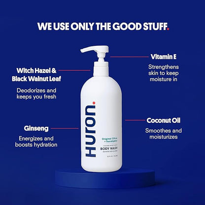 Huron Jumbo Shower Kit - Shampoo, Conditioner, & Body Wash For Men - Citrus + Eucalyptus Scent - Hydrating & Nourishing Men’s Shampoo & Conditioner (30.3 Oz Each)