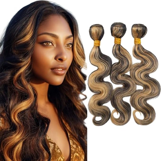 P1B27 Human Hair Bundles Highlight Body Wave Bundles Black and Honey Blonde two tone Brazilian Hair Weave Soft and Silky for Black Women 18 18 18 Inch