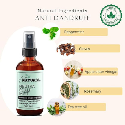 Natural Anti-Dandruff Scalp Tonic-Peppermint oil-Apple cider Vinegar- Mist for Itchy & Dry Scalp - Rosemary Water Hair Growth with Cloves, Scalp Spray to reduce Dandruff, Psoriasis,Neutral Natural