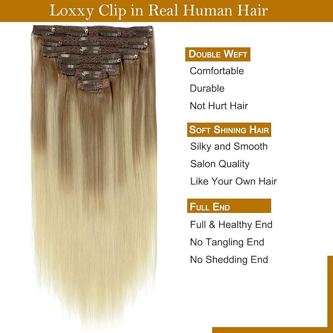 Loxxy Clip in Hair Extensions Remy Human Hair Lace Double Weft Natural Hair Extensions Ombre B#8/60 Light Brown Fading to Platinum Blonde 7pcs with 16 Clips 120g 16 Inch