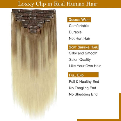 Loxxy Clip in Hair Extensions Remy Human Hair Lace Double Weft Natural Hair Extensions Ombre B#8/60 Light Brown Fading to Platinum Blonde 7pcs with 16 Clips 120g 16 Inch